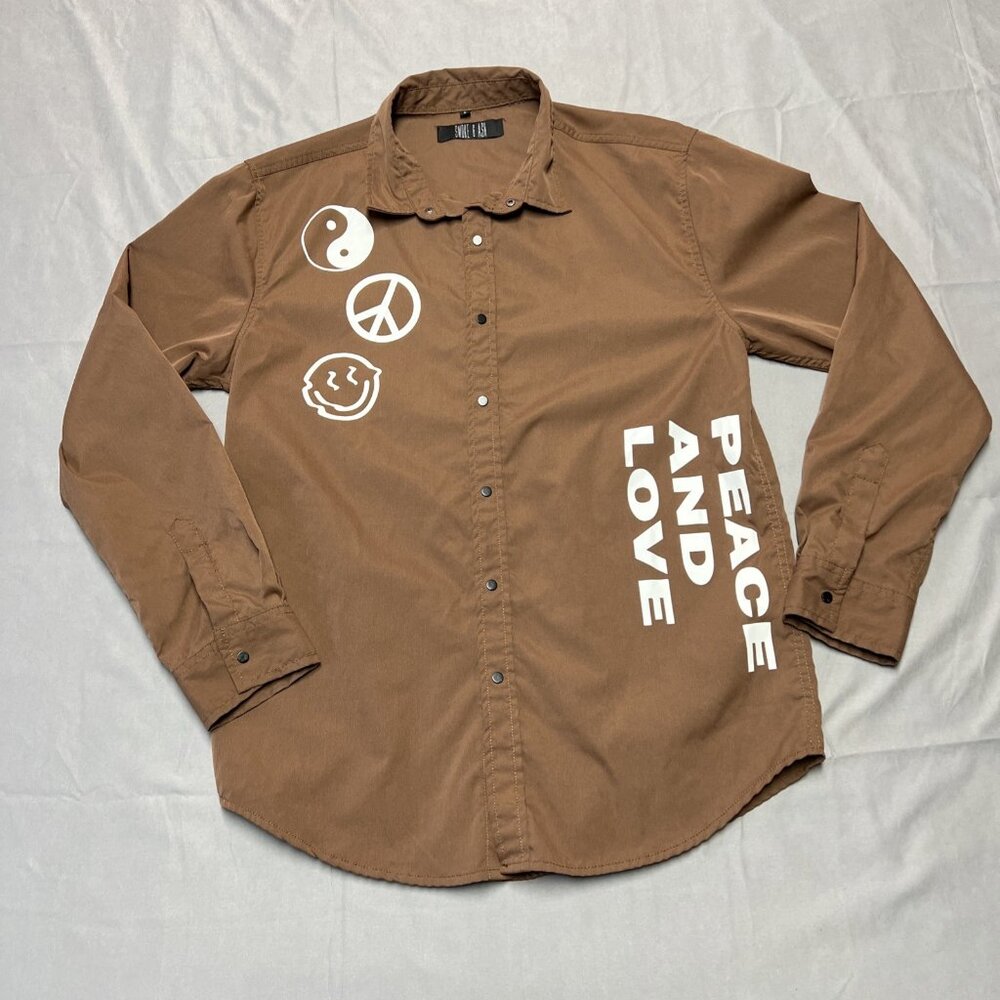 Smoke And Ash Men's Large Peace And Love Brown Casual Long Sleeve Button Down